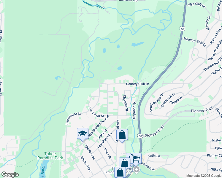 map of restaurants, bars, coffee shops, grocery stores, and more near 1593 Arrowhead Avenue in South Lake Tahoe