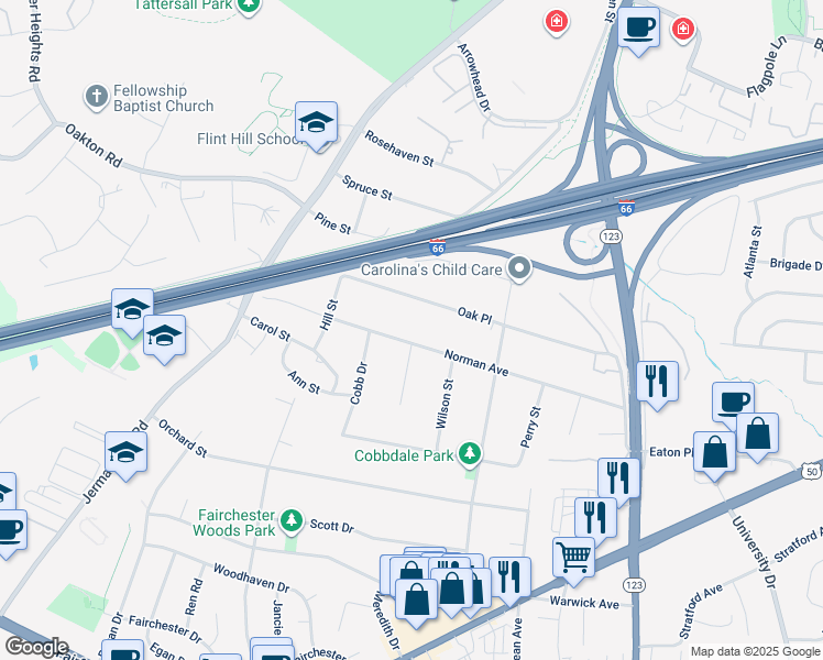 map of restaurants, bars, coffee shops, grocery stores, and more near 10710 Norman Avenue in Fairfax