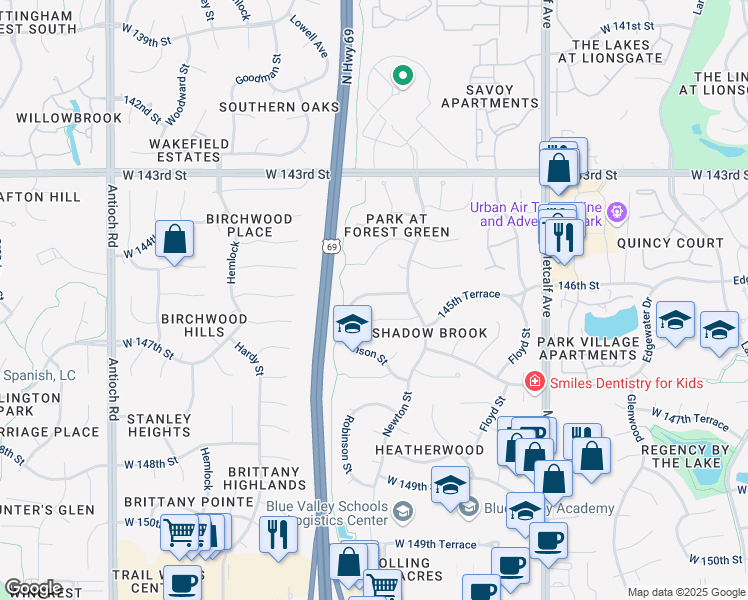 map of restaurants, bars, coffee shops, grocery stores, and more near 7725 West 145th Street in Overland Park