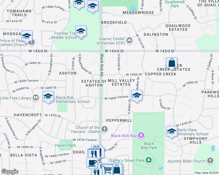 map of restaurants, bars, coffee shops, grocery stores, and more near 14563 South Constance Street in Olathe