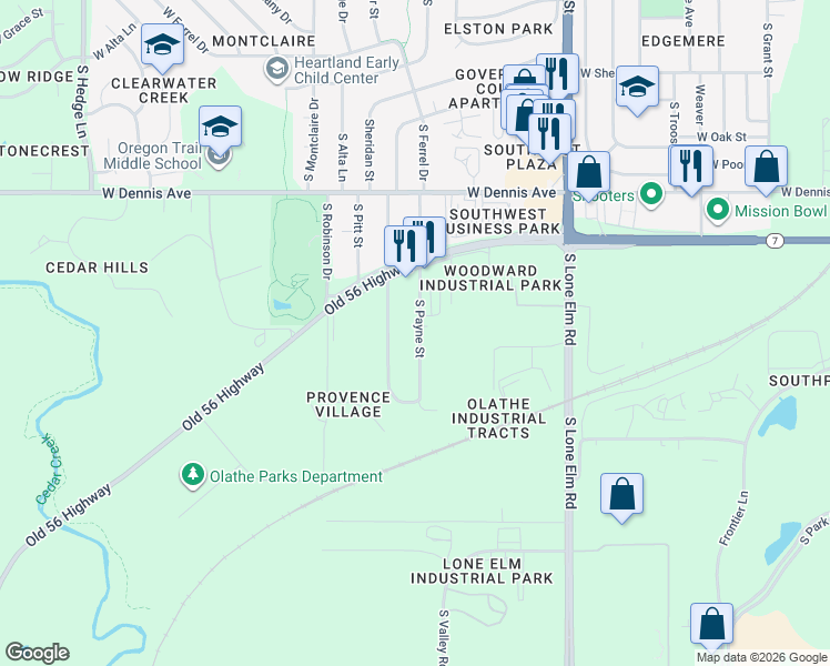 map of restaurants, bars, coffee shops, grocery stores, and more near 1209 South Payne Street in Olathe