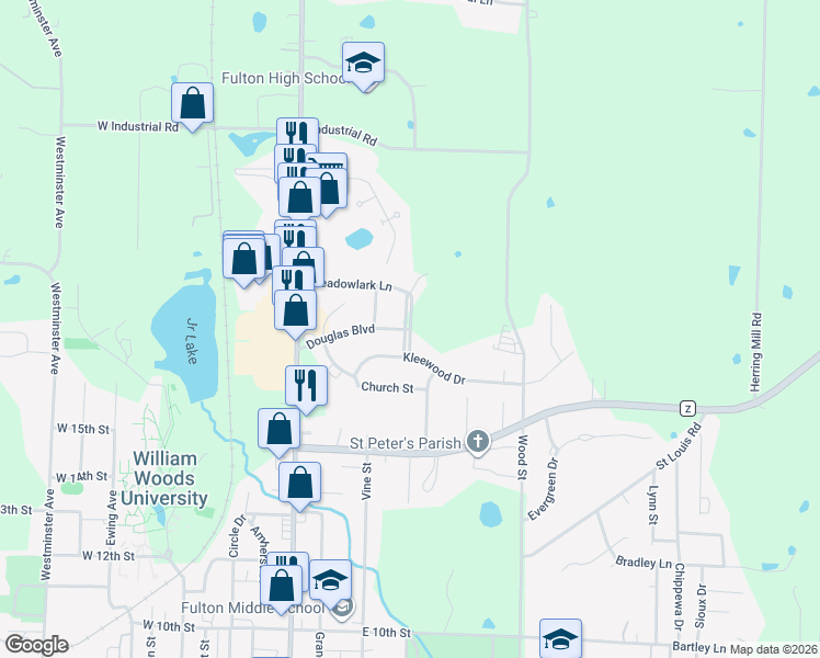map of restaurants, bars, coffee shops, grocery stores, and more near 1801 North School Boulevard in Fulton