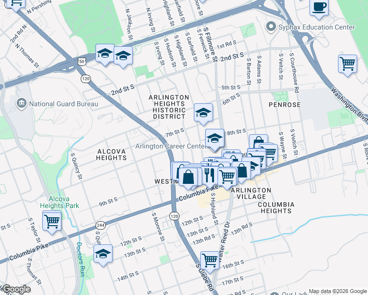 map of restaurants, bars, coffee shops, grocery stores, and more near 809 South Ivy Street in Arlington