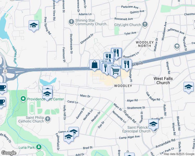 map of restaurants, bars, coffee shops, grocery stores, and more near 7354 Blade Drive in Falls Church