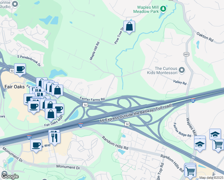 map of restaurants, bars, coffee shops, grocery stores, and more near 3923 Fairfax Farms Road in Fairfax
