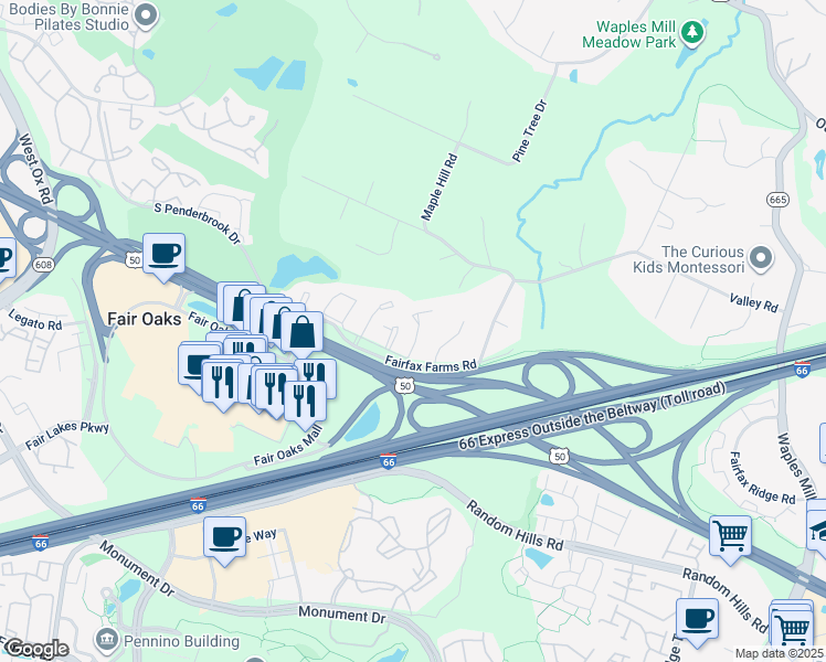 map of restaurants, bars, coffee shops, grocery stores, and more near 3948 Valley Ridge Drive in Fairfax