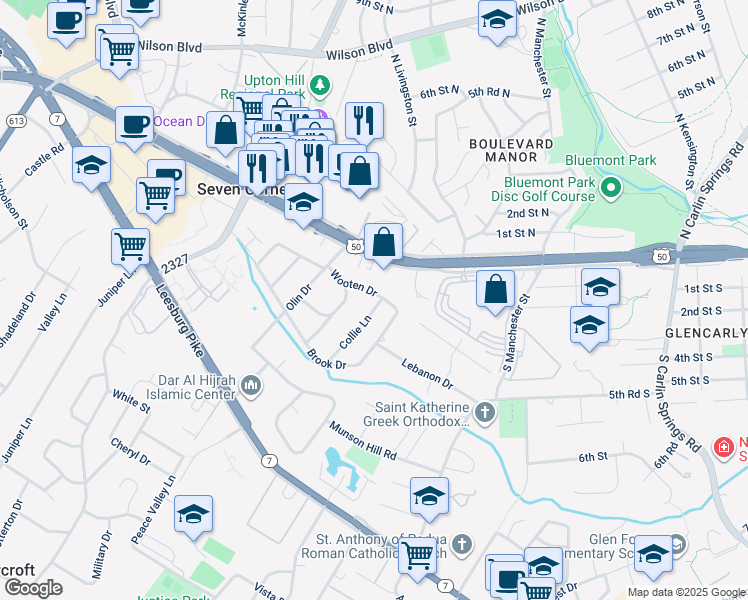 map of restaurants, bars, coffee shops, grocery stores, and more near 3100 Collie Lane in Falls Church