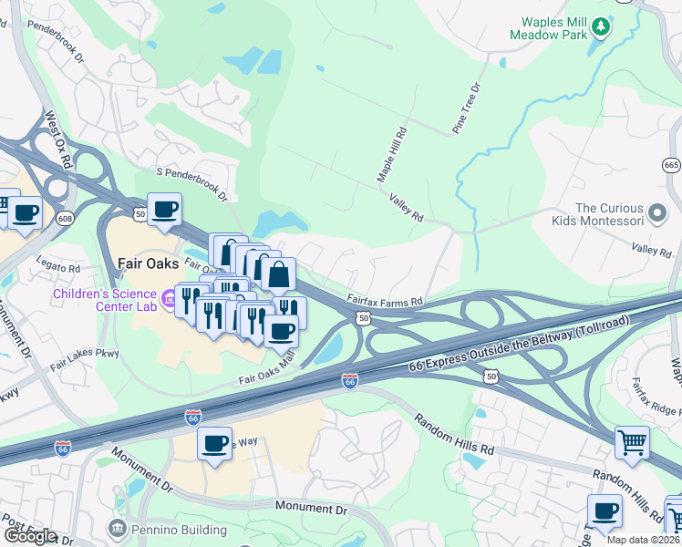 map of restaurants, bars, coffee shops, grocery stores, and more near 3914 Maximilian Court in Fairfax