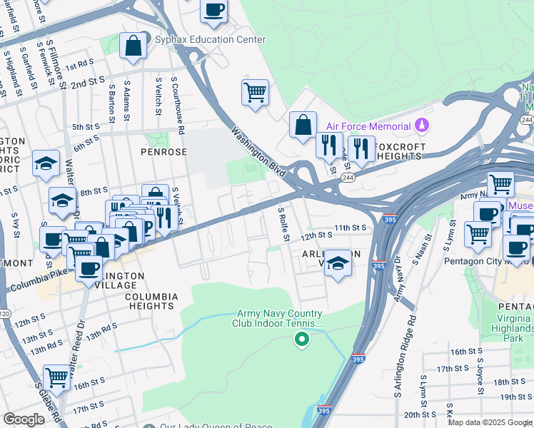 map of restaurants, bars, coffee shops, grocery stores, and more near 1830 Virginia 244 in Arlington