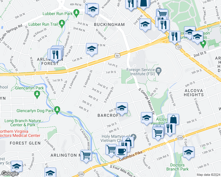 map of restaurants, bars, coffee shops, grocery stores, and more near 4601 2nd Street South in Arlington