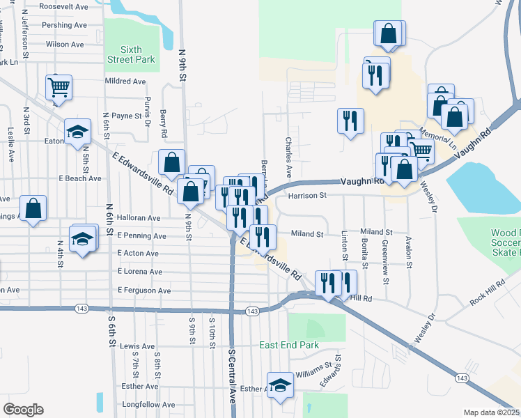 map of restaurants, bars, coffee shops, grocery stores, and more near in Wood River