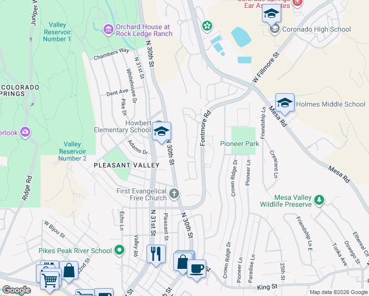map of restaurants, bars, coffee shops, grocery stores, and more near 1062 Fontmore Road in Colorado Springs