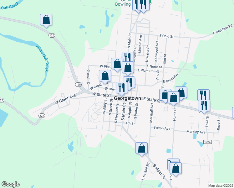 map of restaurants, bars, coffee shops, grocery stores, and more near 202 W State St in Georgetown