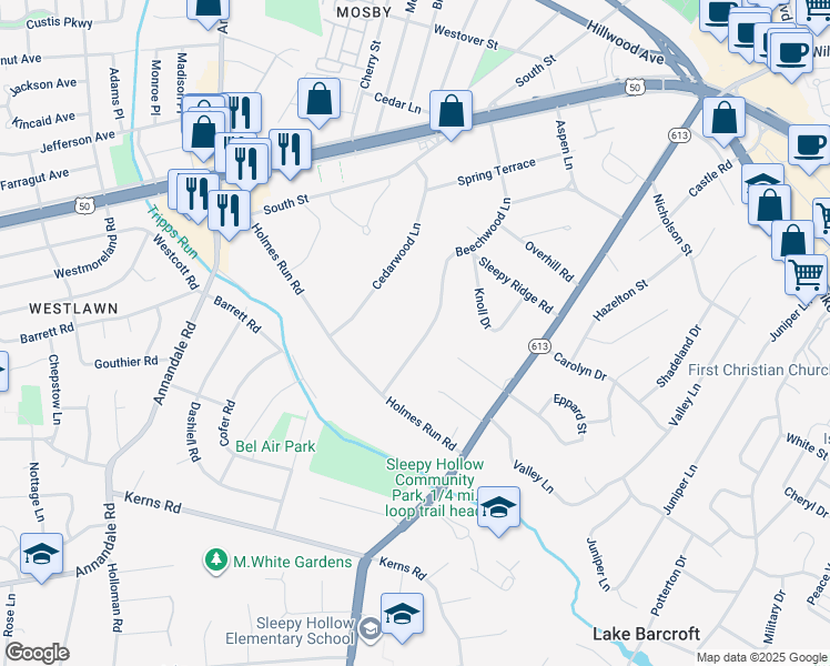 map of restaurants, bars, coffee shops, grocery stores, and more near 3108 Beechwood Lane in Falls Church