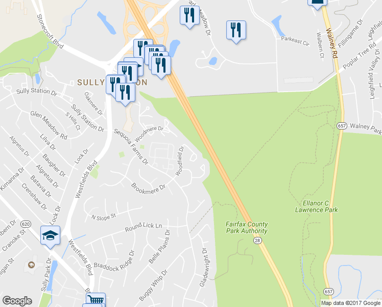 map of restaurants, bars, coffee shops, grocery stores, and more near 5127 Woodfield Drive in Centreville