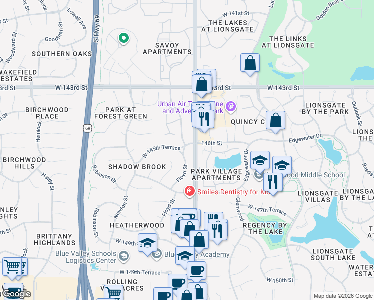 map of restaurants, bars, coffee shops, grocery stores, and more near 14501 Floyd Street in Overland Park