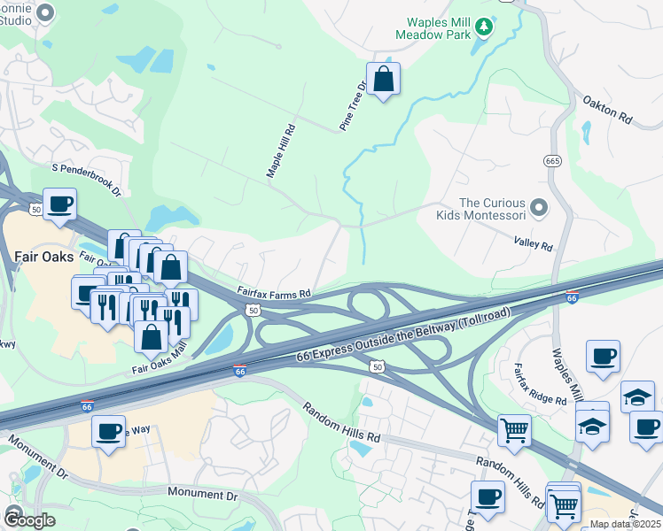 map of restaurants, bars, coffee shops, grocery stores, and more near 3923 Fairfax Farms Road in Fairfax