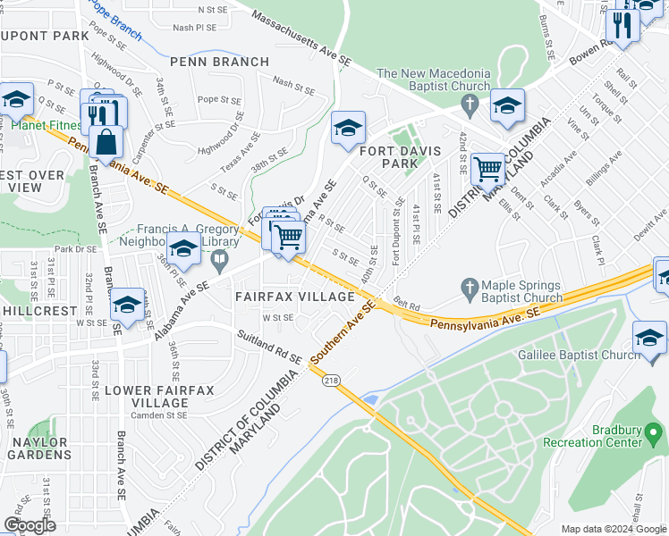 map of restaurants, bars, coffee shops, grocery stores, and more near 3956 Pennsylvania Avenue Southeast in Washington