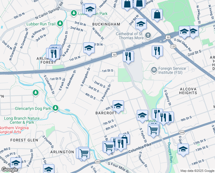 map of restaurants, bars, coffee shops, grocery stores, and more near 4601 2nd Street South in Arlington