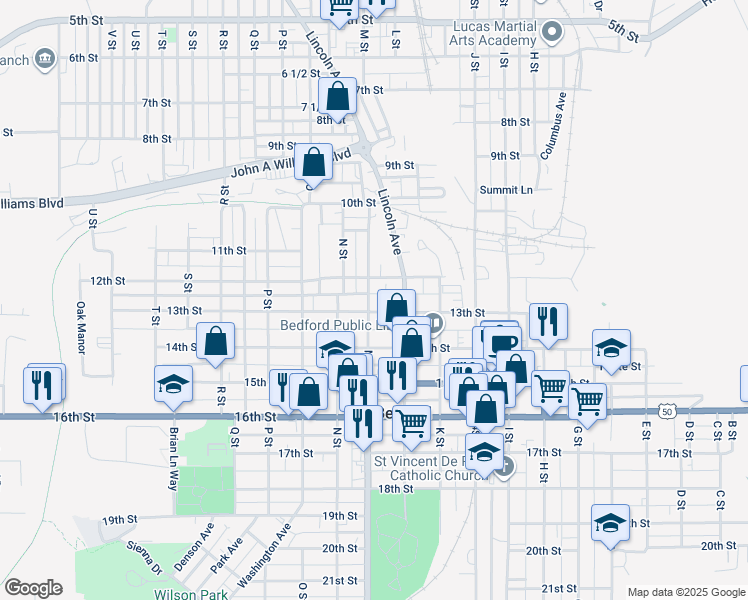 map of restaurants, bars, coffee shops, grocery stores, and more near 1220 M Street in Bedford