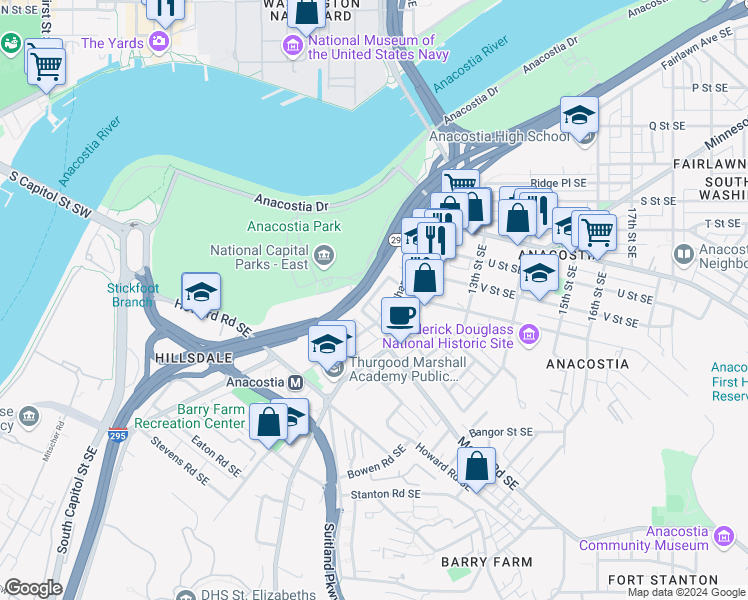 map of restaurants, bars, coffee shops, grocery stores, and more near 2250 Railroad Avenue Southeast in Washington