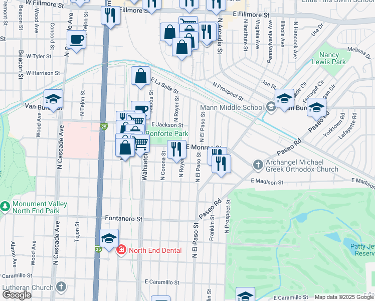 map of restaurants, bars, coffee shops, grocery stores, and more near 2223 North Royer Street in Colorado Springs