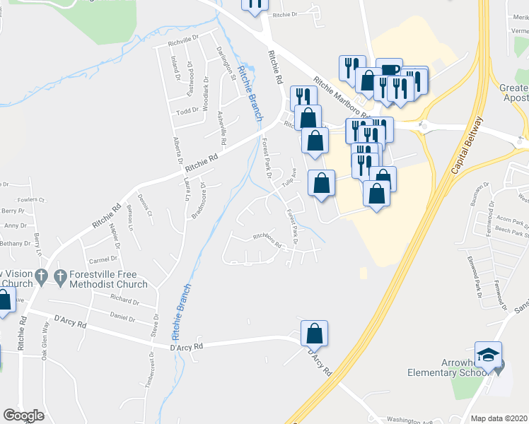 map of restaurants, bars, coffee shops, grocery stores, and more near 1738 Tulip Avenue in District Heights
