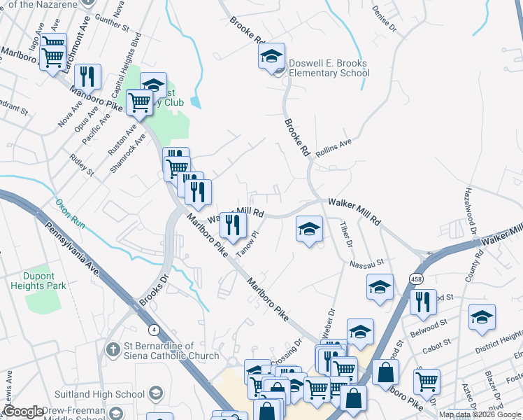 map of restaurants, bars, coffee shops, grocery stores, and more near 5540 Walker Mill Road in Capitol Heights