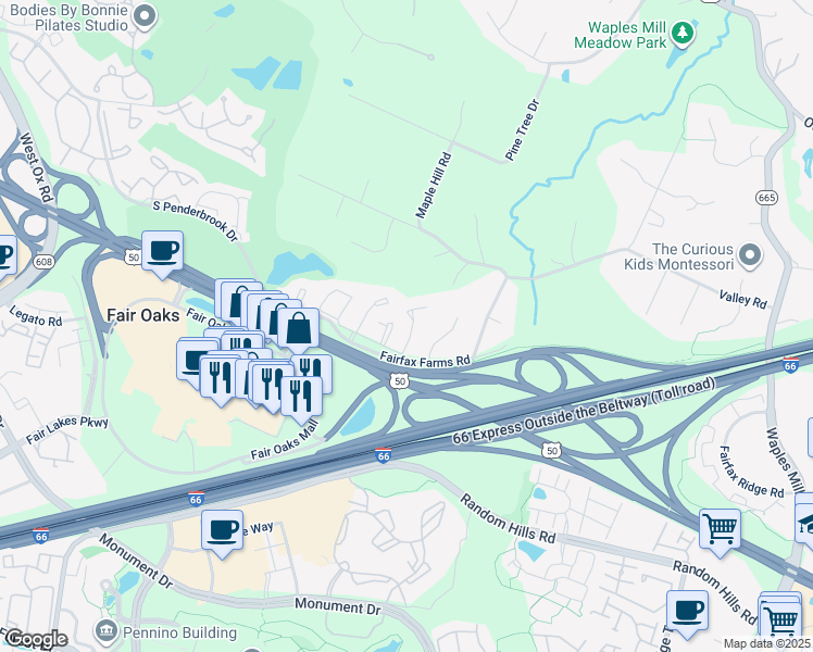 map of restaurants, bars, coffee shops, grocery stores, and more near 3946 Valley Ridge Drive in Fairfax