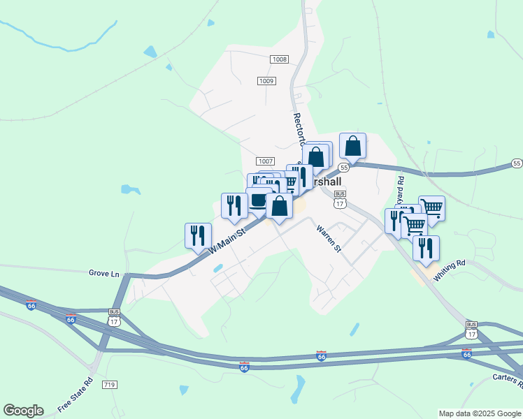 map of restaurants, bars, coffee shops, grocery stores, and more near 8374 West Main Street in Marshall