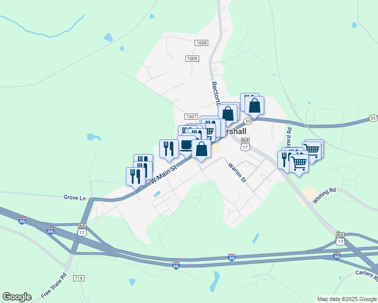 map of restaurants, bars, coffee shops, grocery stores, and more near 8374 West Main Street in Marshall