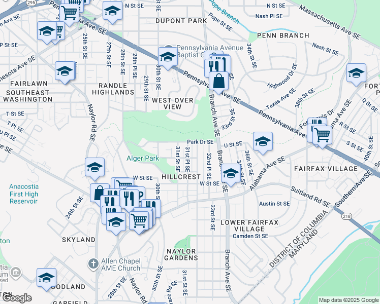 map of restaurants, bars, coffee shops, grocery stores, and more near 2034 31st Place Southeast in Washington