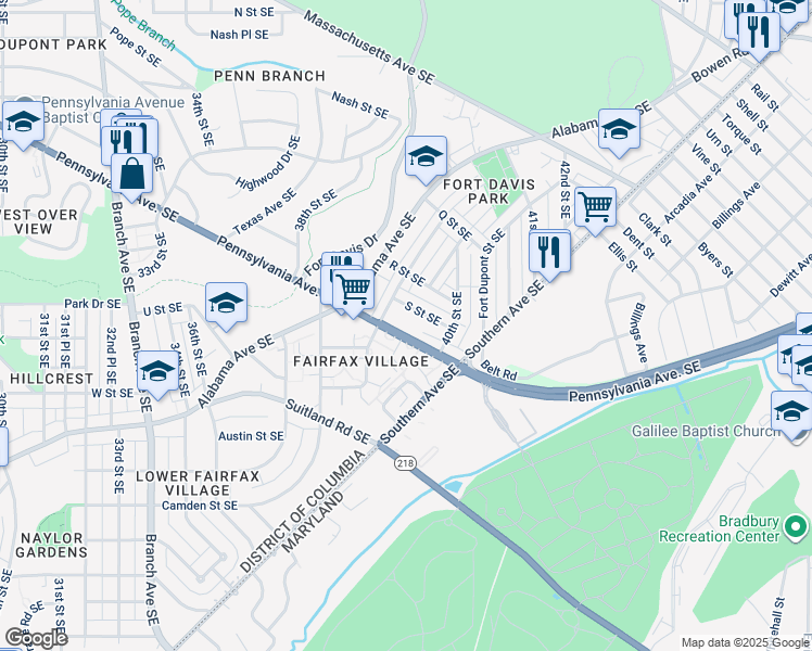 map of restaurants, bars, coffee shops, grocery stores, and more near 3956 Pennsylvania Avenue Southeast in Washington