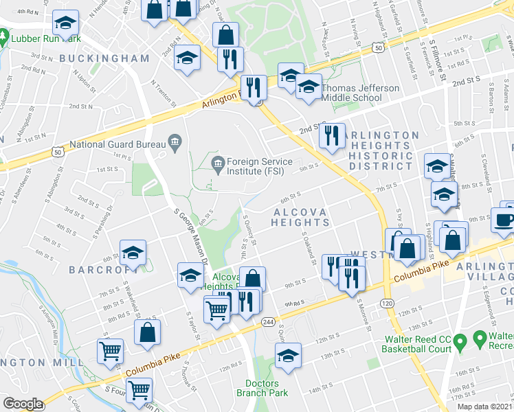 map of restaurants, bars, coffee shops, grocery stores, and more near 3917 6th Street South in Arlington