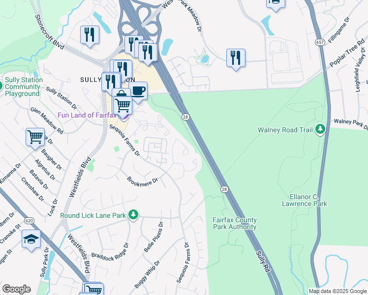 map of restaurants, bars, coffee shops, grocery stores, and more near 5127 Woodfield Drive in Centreville