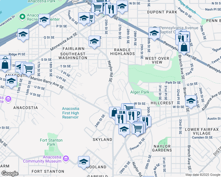 map of restaurants, bars, coffee shops, grocery stores, and more near 2538 Naylor Road Southeast in Washington