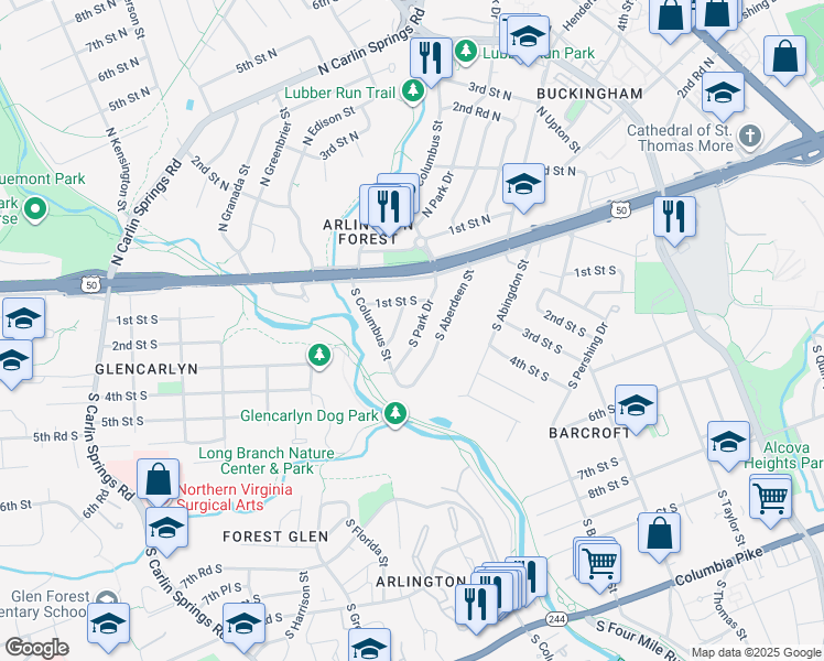 map of restaurants, bars, coffee shops, grocery stores, and more near 46 South Park Drive in Arlington