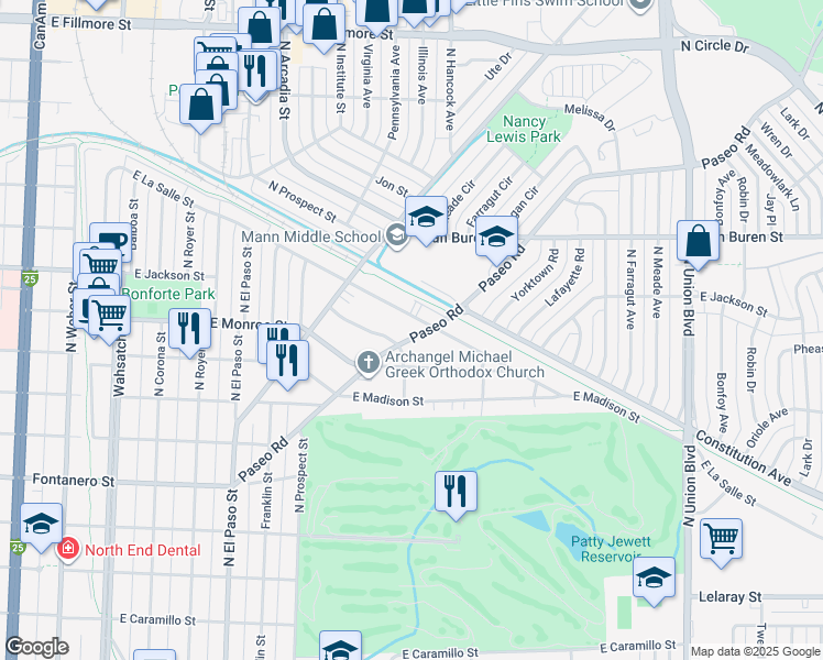 map of restaurants, bars, coffee shops, grocery stores, and more near 2404 Paseo Road in Colorado Springs
