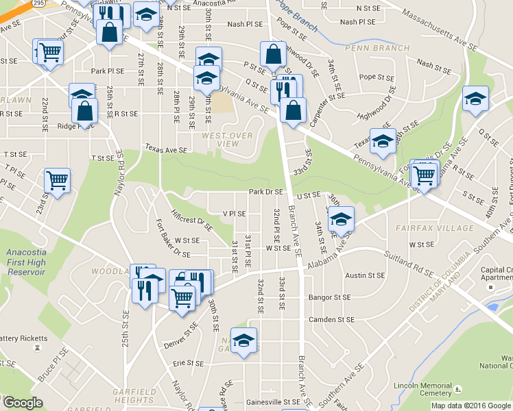 map of restaurants, bars, coffee shops, grocery stores, and more near 2013 32nd Street Southeast in Washington