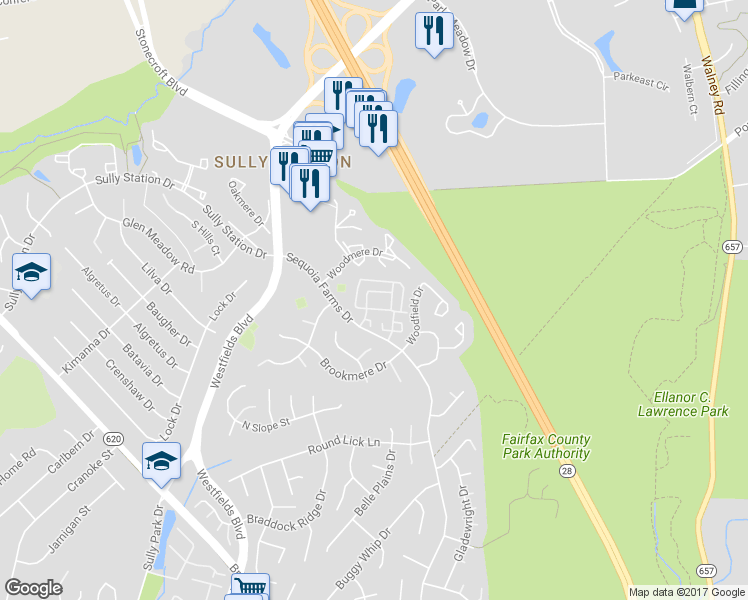 map of restaurants, bars, coffee shops, grocery stores, and more near 5111 Castle Harbor Way in Centreville