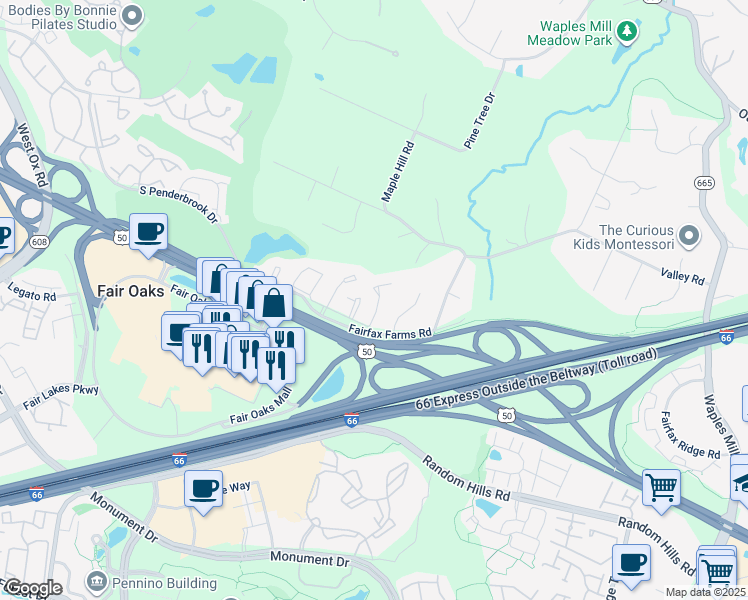 map of restaurants, bars, coffee shops, grocery stores, and more near 3946 Valley Ridge Drive in Fairfax