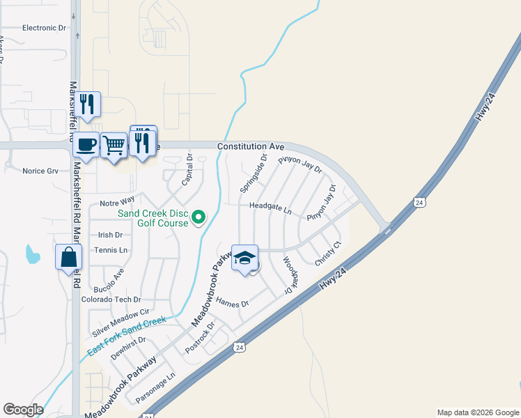 map of restaurants, bars, coffee shops, grocery stores, and more near 2167 Pinyon Jay Drive in Colorado Springs