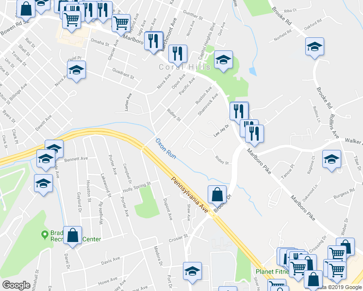 map of restaurants, bars, coffee shops, grocery stores, and more near 1713 Torrance Avenue in Capitol Heights