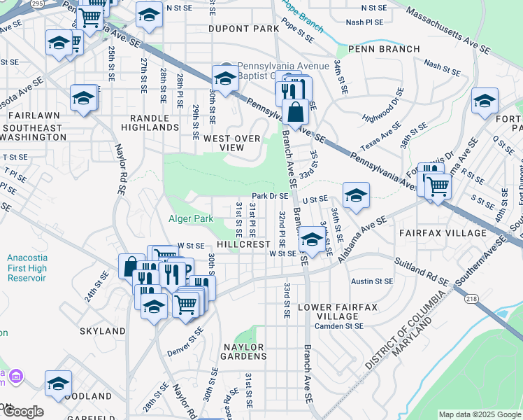 map of restaurants, bars, coffee shops, grocery stores, and more near 2013 32nd Street Southeast in Washington