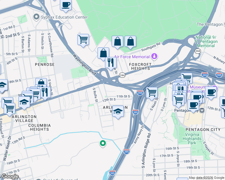 map of restaurants, bars, coffee shops, grocery stores, and more near 1619 10th Street South in Arlington