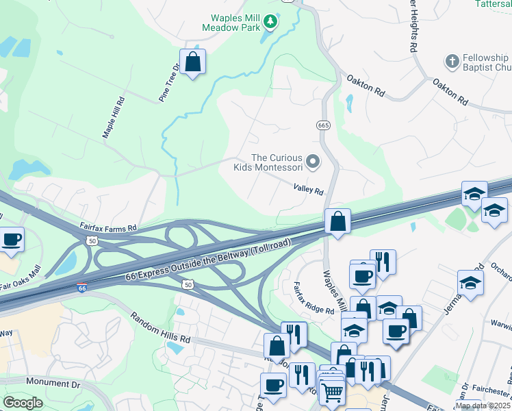 map of restaurants, bars, coffee shops, grocery stores, and more near 3804 Millard Way in Fairfax