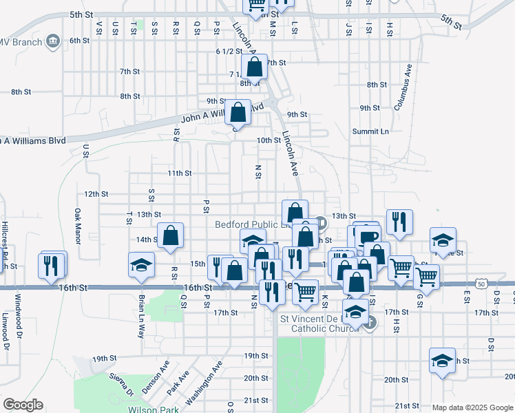 map of restaurants, bars, coffee shops, grocery stores, and more near 1220 N St in Bedford