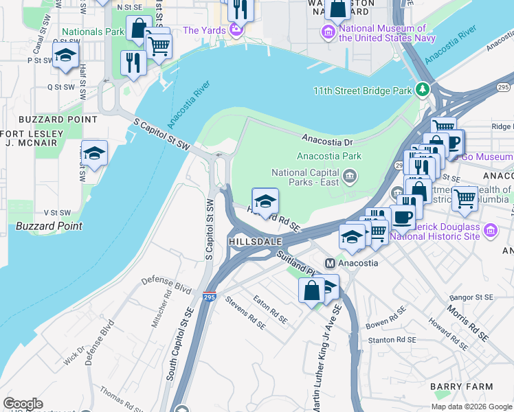 map of restaurants, bars, coffee shops, grocery stores, and more near 650 Howard Road Southeast in Washington