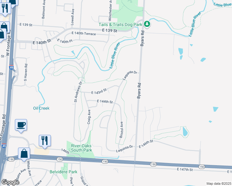 map of restaurants, bars, coffee shops, grocery stores, and more near 14308 Laquinta Drive in Grandview