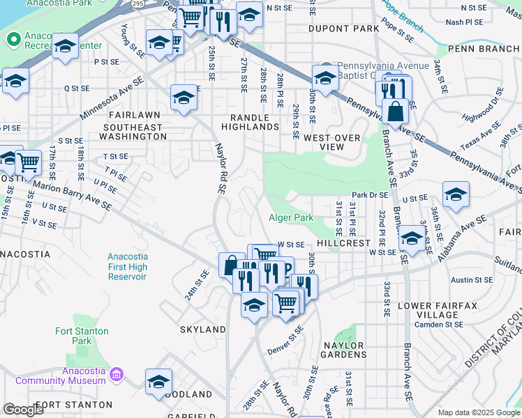 map of restaurants, bars, coffee shops, grocery stores, and more near 2810 Fort Baker Drive Southeast in Washington